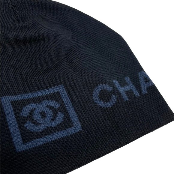 CHANEL Sport 07A Vintage Coco Mark Logo Beanie Hat Black Merino Wool Rank AB+ - Picture 9 of 11